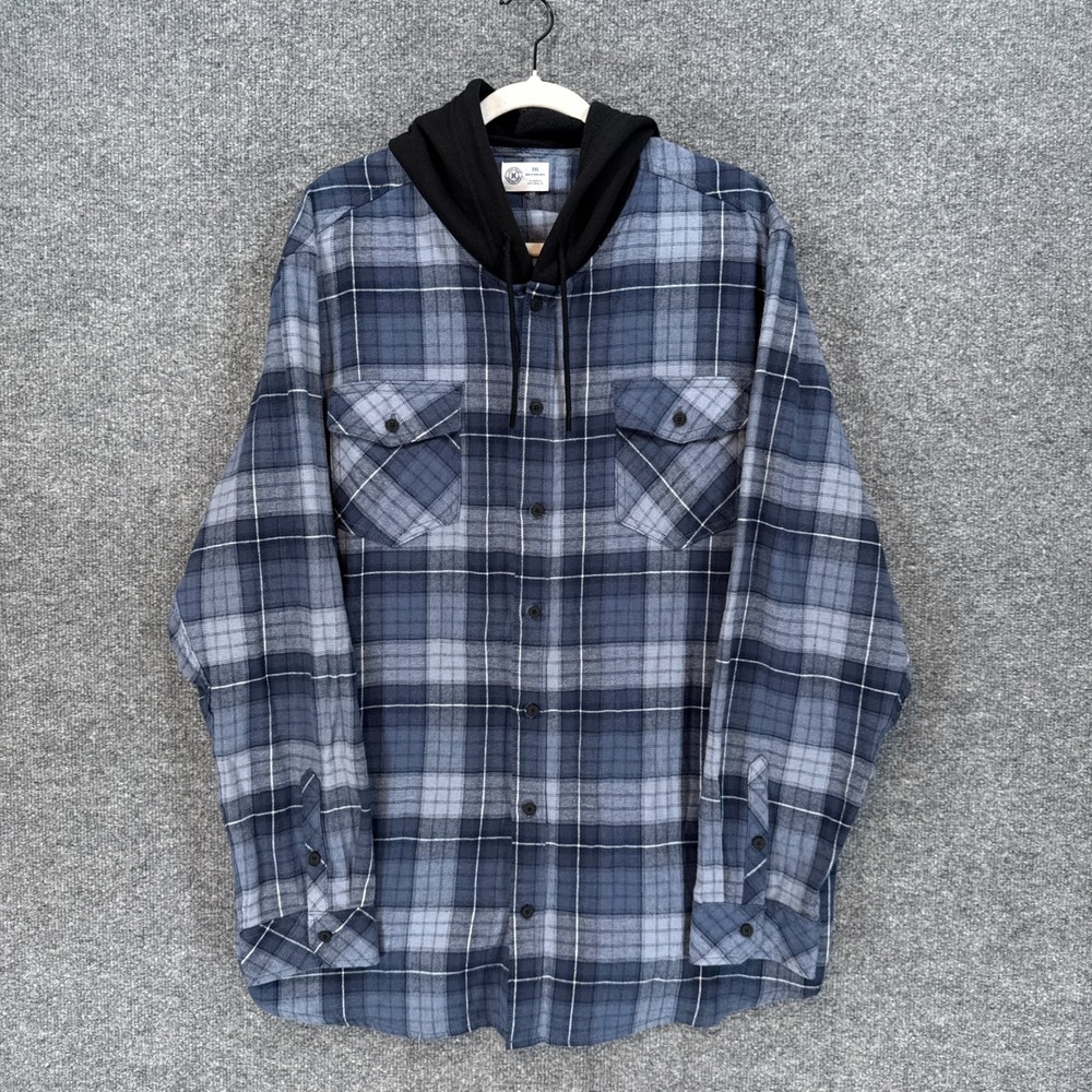 Hurley Hooded Flannel Shirt Mens XXL Blue Plaid Jersey Hood Button Down Layered